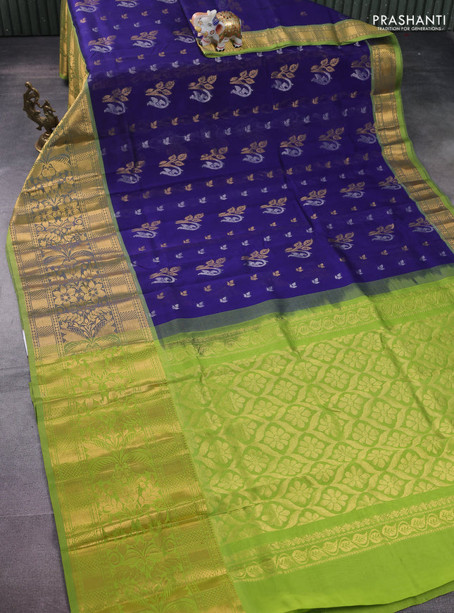 Silk cotton saree dark blue and light green with allover silver & gold zari woven buttas and long rich zari woven border