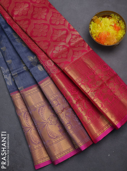 Silk cotton saree grey and pink with allover silver & gold zari woven buttas and long rich zari woven border