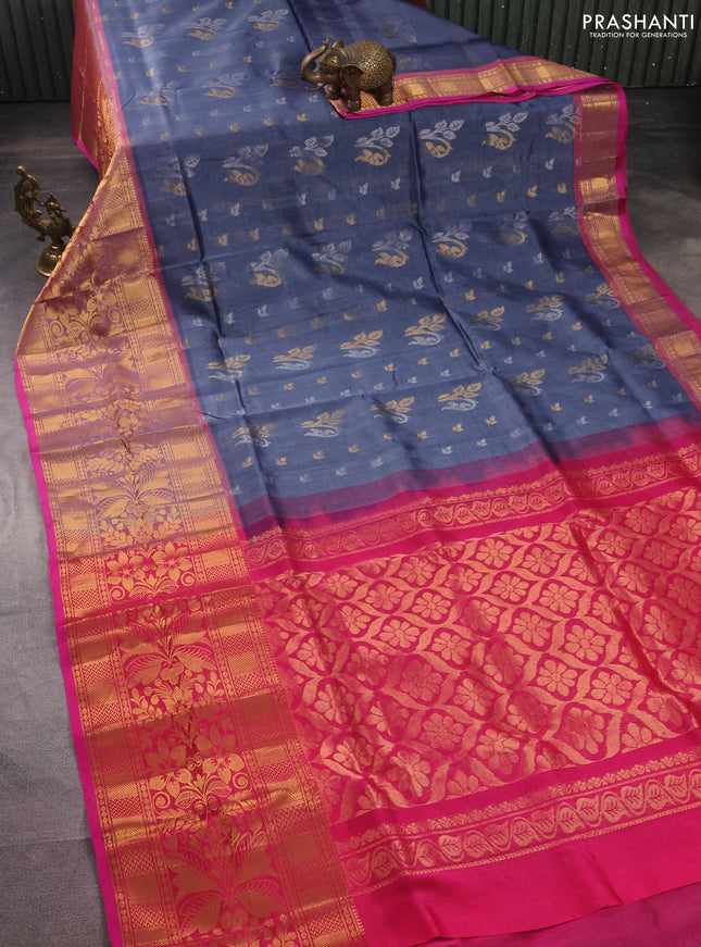 Silk cotton saree grey and pink with allover silver & gold zari woven buttas and long rich zari woven border