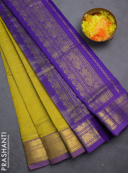 Silk cotton saree mustatrd yellow and violet with allover zari checked pattern and rich zari woven border