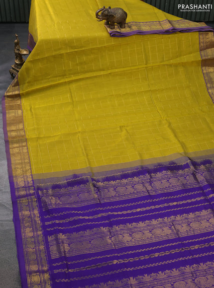 Silk cotton saree mustatrd yellow and violet with allover zari checked pattern and rich zari woven border