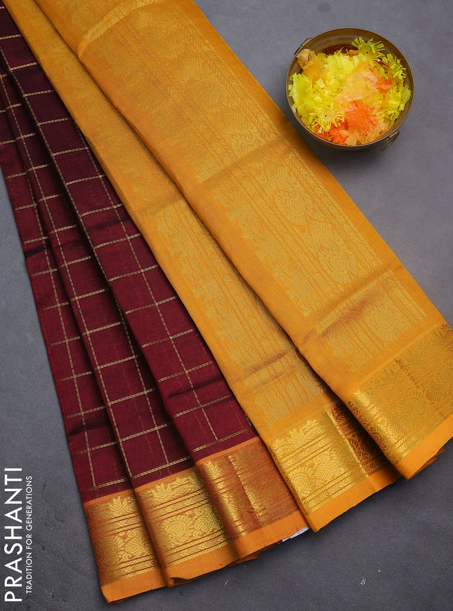Silk cotton saree maroon and mustard yellow with allover zari checked pattern and rich zari woven border