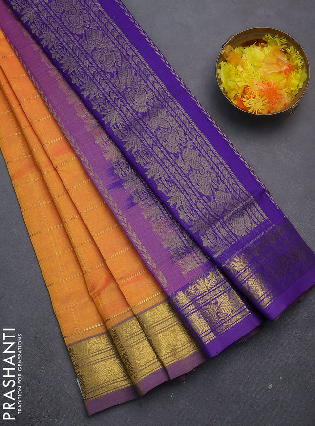 Silk cotton saree dual shade of yellow pink and violet with allover zari checked pattern and rich zari woven border