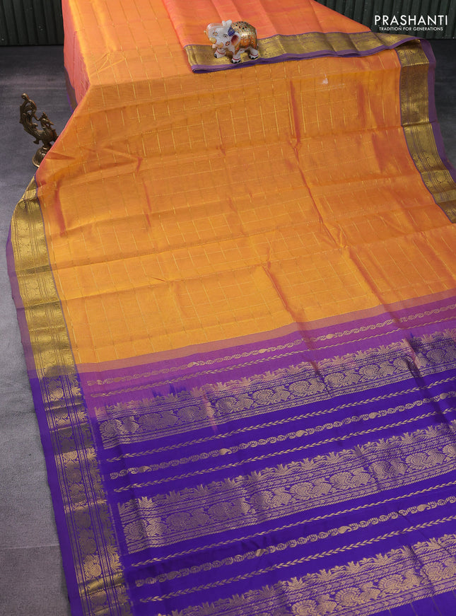 Silk cotton saree dual shade of yellow pink and violet with allover zari checked pattern and rich zari woven border