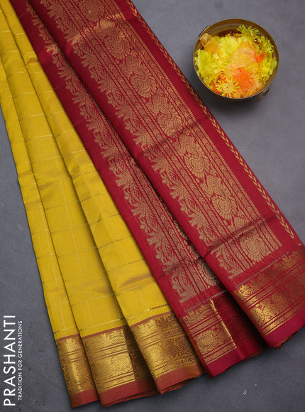 Silk cotton saree mustard yellow and maroon with allover zari checked pattern and rettapet zari woven border