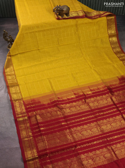 Silk cotton saree mustard yellow and maroon with allover zari checked pattern and rettapet zari woven border