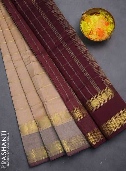 Silk cotton saree sandal and wine shade with allover zari checked pattern and rettapet zari woven border