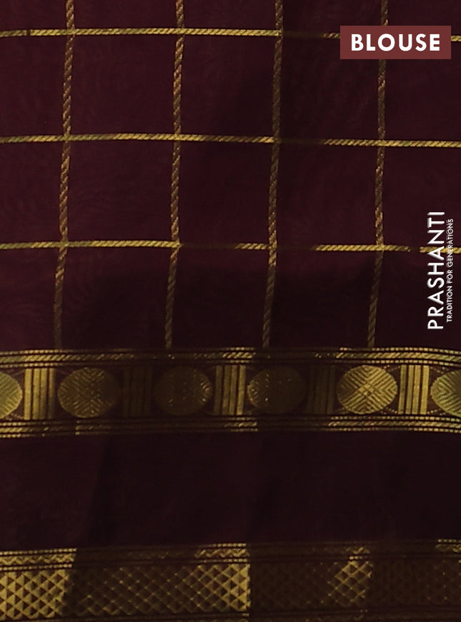 Silk cotton saree sandal and wine shade with allover zari checked pattern and rettapet zari woven border