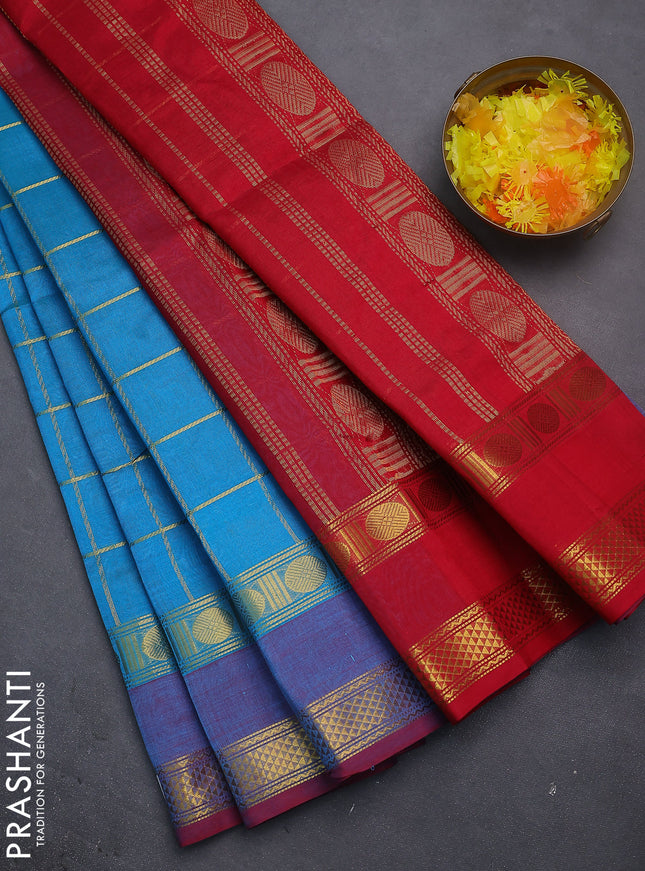 Silk cotton saree cs blue and red with allover zari checked pattern and rettapet zari woven border