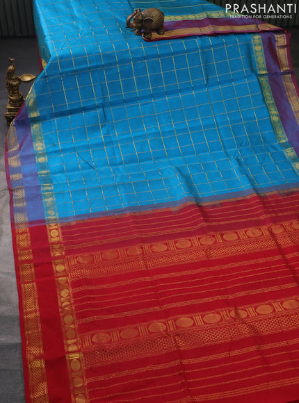 Silk cotton saree cs blue and red with allover zari checked pattern and rettapet zari woven border