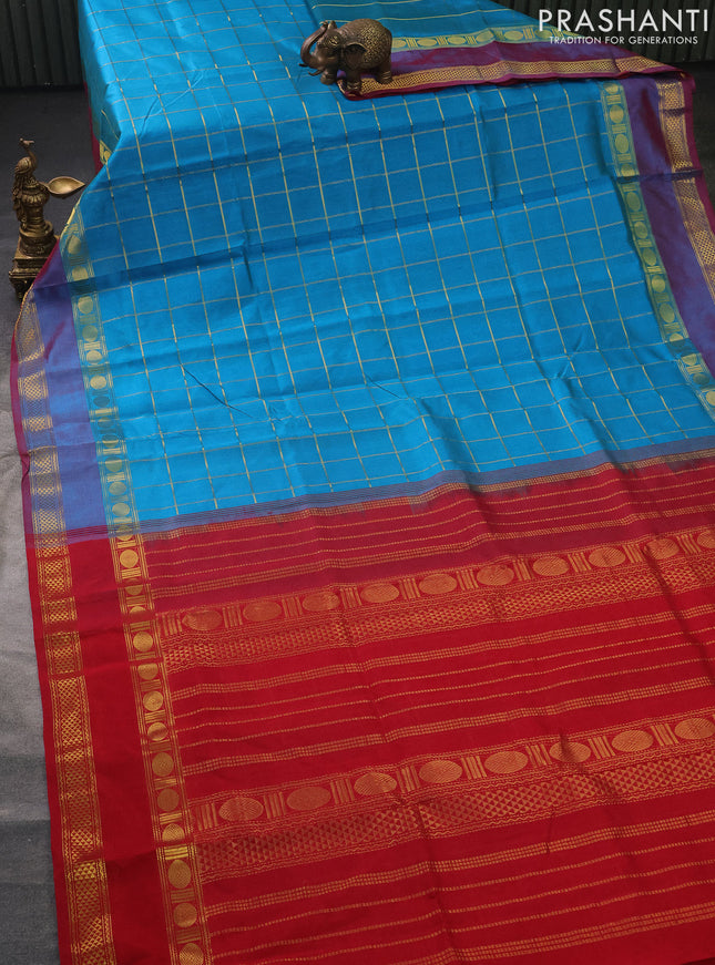 Silk cotton saree cs blue and red with allover zari checked pattern and rettapet zari woven border