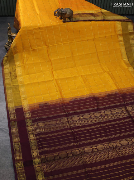 Silk cotton saree mango yellow and wine shade with allover zari checked pattern and rettapet zari woven border