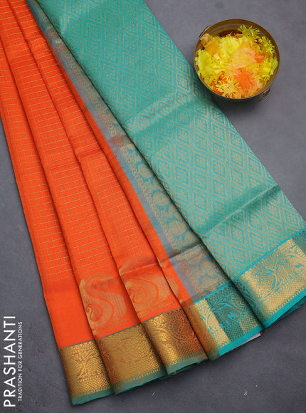 Silk cotton saree orange and teal green with allover zari checked pattern and rich zari woven border
