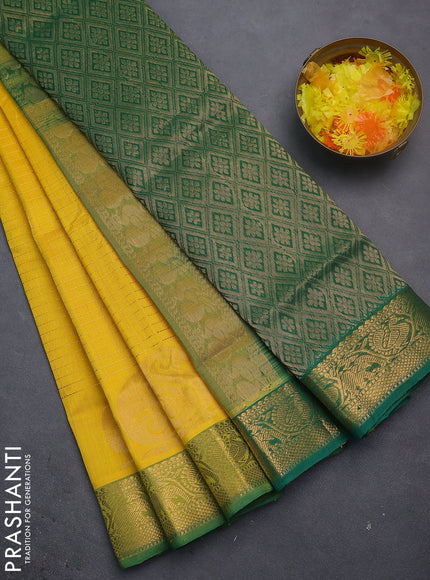 Silk cotton saree yellow and green with allover zari checked pattern and rich zari woven border