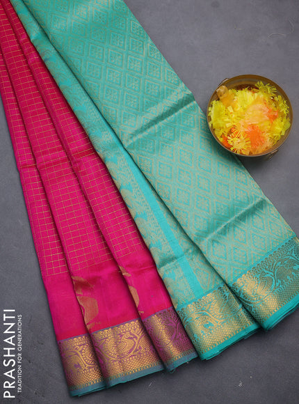 Silk cotton saree pink and teal green with allover zari checked pattern and rich zari woven border