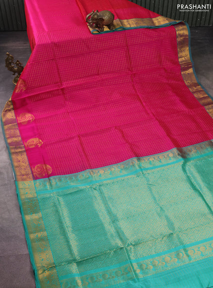 Silk cotton saree pink and teal green with allover zari checked pattern and rich zari woven border