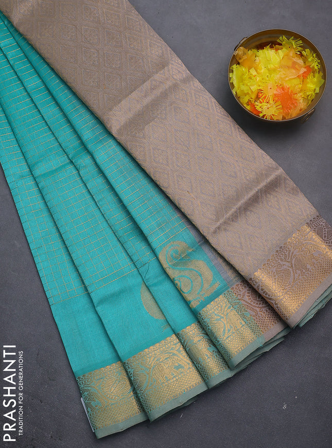 Silk cotton saree teal blue and grey with allover zari checked pattern and rich zari woven border