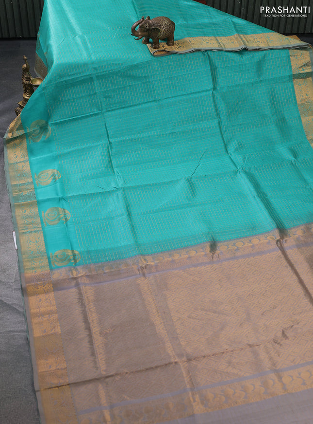 Silk cotton saree teal blue and grey with allover zari checked pattern and rich zari woven border