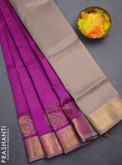Silk cotton saree purple and grey shade with allover zari checked pattern and rich zari woven border