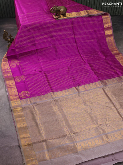 Silk cotton saree purple and grey shade with allover zari checked pattern and rich zari woven border