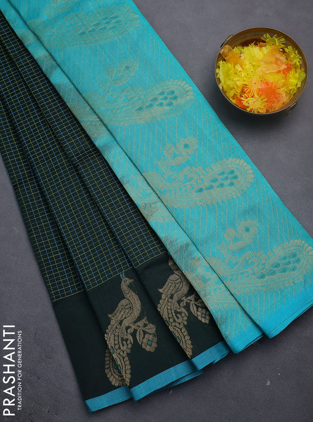 Silk cotton saree bottle green and teal blue with allover thread checked pattern and peacock design zari woven butta border
