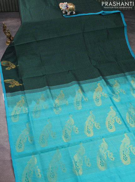 Silk cotton saree bottle green and teal blue with allover thread checked pattern and peacock design zari woven butta border