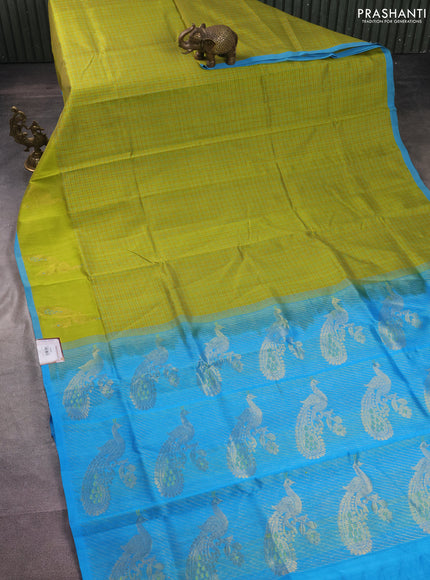 Silk cotton saree lime green and cs blue with allover thread checked pattern and peacock design zari woven butta border