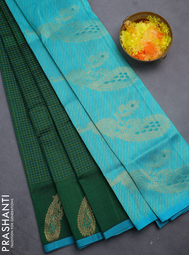 Silk cotton saree dark green and teal blue with allover thread checked pattern and peacock design zari woven butta border