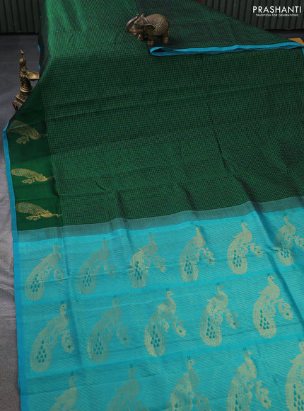 Silk cotton saree dark green and teal blue with allover thread checked pattern and peacock design zari woven butta border