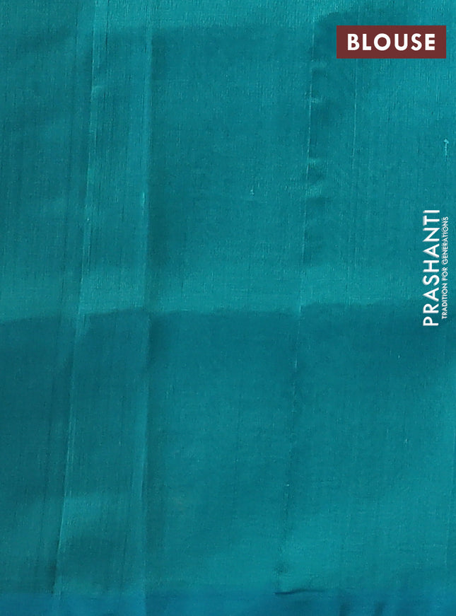 Silk cotton saree dark green and teal blue with allover thread checked pattern and peacock design zari woven butta border