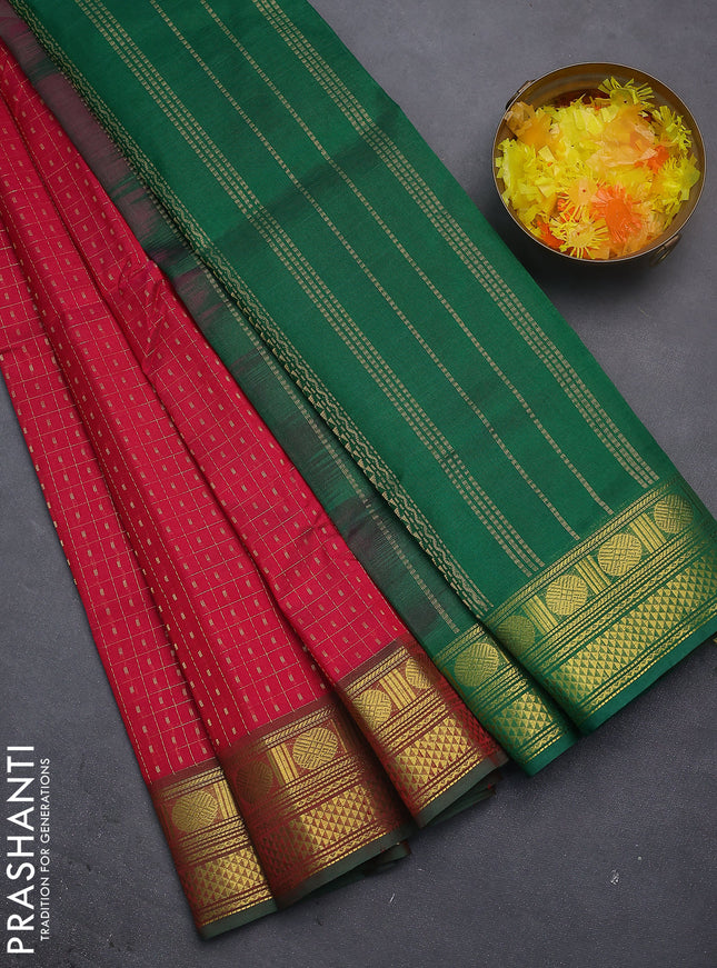 Silk cotton saree pink and green with allover lakshadeepam weaves and zari woven border
