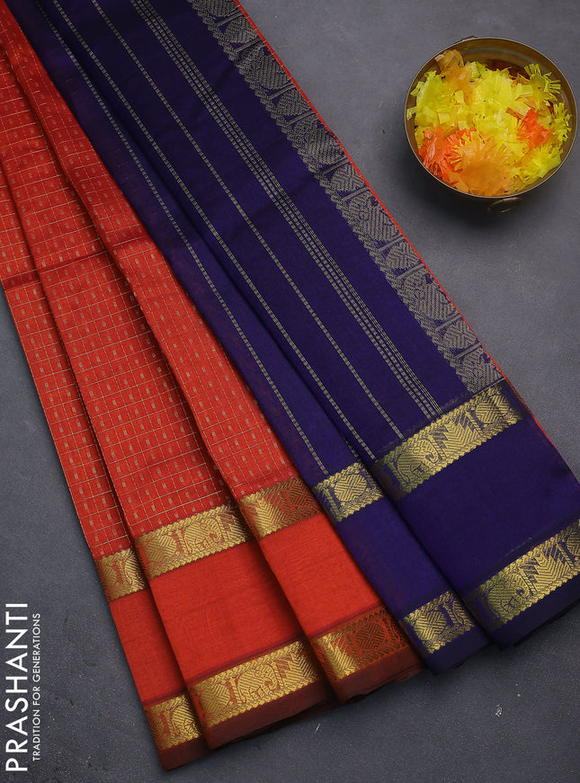 Silk cotton saree rustic orange and blue with allover lakshadeepam weaves and rettapet zari woven border