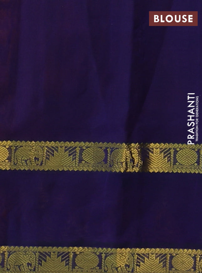 Silk cotton saree rustic orange and blue with allover lakshadeepam weaves and rettapet zari woven border