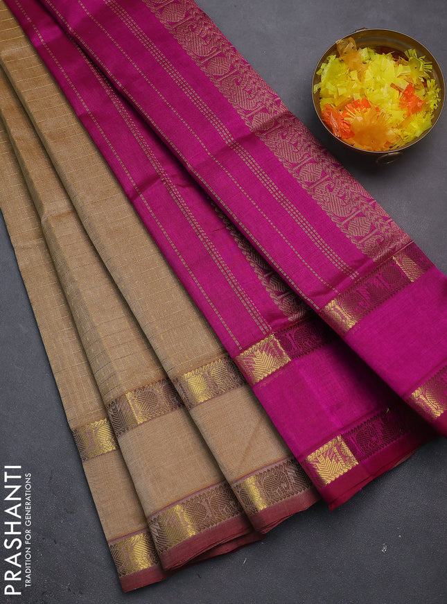 Silk cotton saree sandal and magenta pink with allover lakshadeepam weaves and rettapet zari woven border