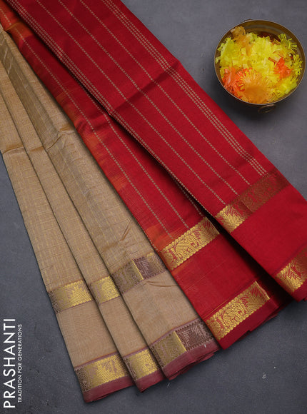 Silk cotton saree sandal and red with allover lakshadeepam weaves and rettapet zari woven border