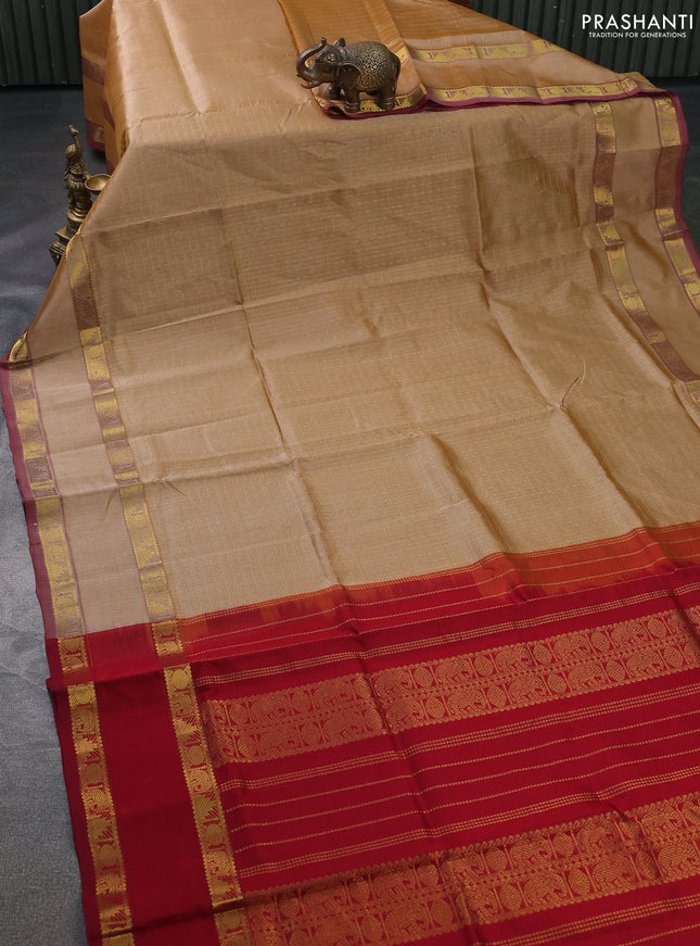 Silk cotton saree sandal and red with allover lakshadeepam weaves and rettapet zari woven border