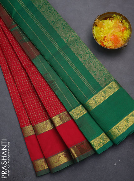 Silk cotton saree red and green with allover lakshadeepam weaves and rettapet zari woven border