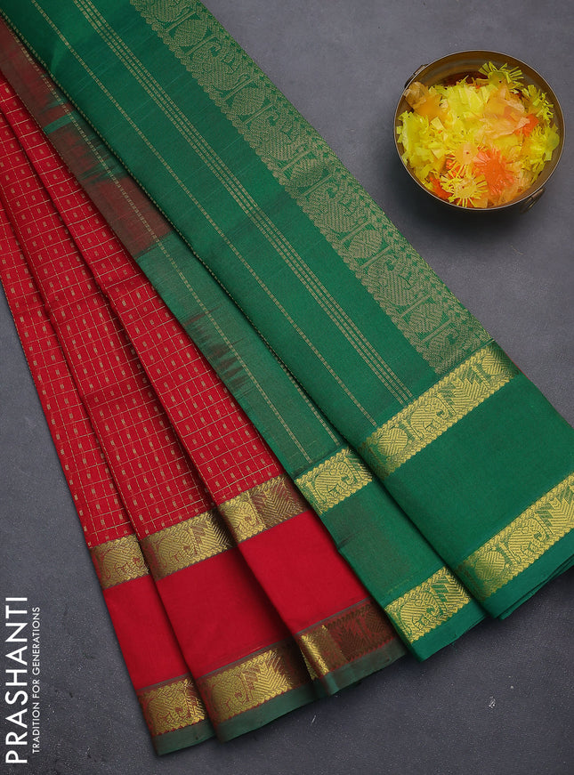 Silk cotton saree red and green with allover lakshadeepam weaves and rettapet zari woven border