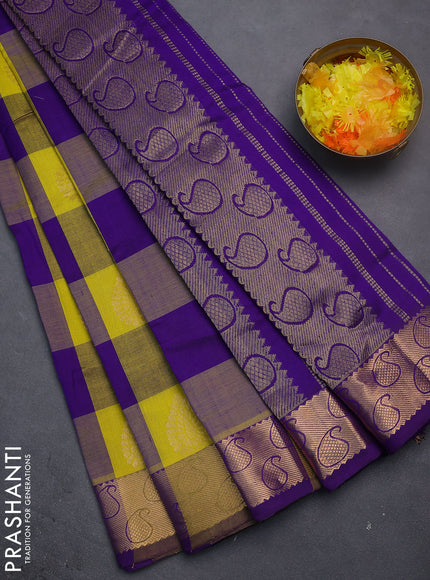 Silk cotton saree yellow and violet with allover paalum pazhamun checks & zari buttas and paisley zari woven border