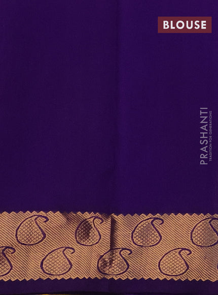 Silk cotton saree yellow and violet with allover paalum pazhamun checks & zari buttas and paisley zari woven border