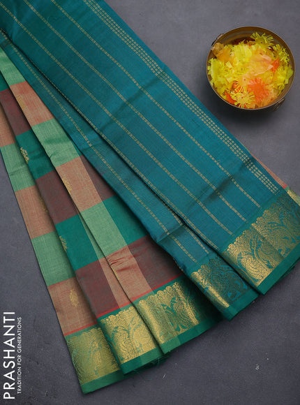 Silk cotton saree multi colour and teal green with allover paalum pazhamun checks & zari buttas and zari woven border