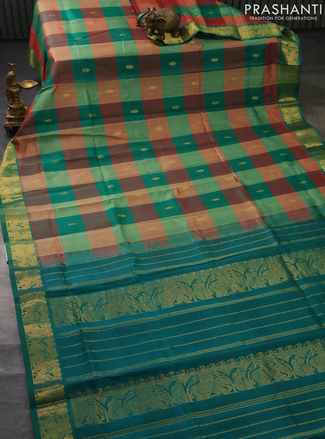 Silk cotton saree multi colour and teal green with allover paalum pazhamun checks & zari buttas and zari woven border