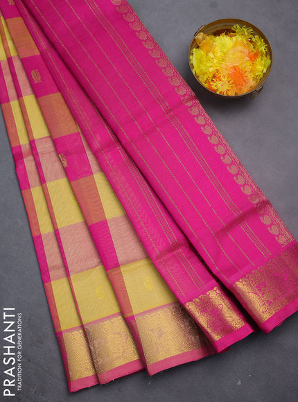 Silk cotton saree yellow and pink with allover paalum pazhamun checks & zari buttas and zari woven border
