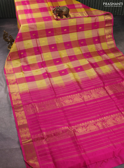 Silk cotton saree yellow and pink with allover paalum pazhamun checks & zari buttas and zari woven border