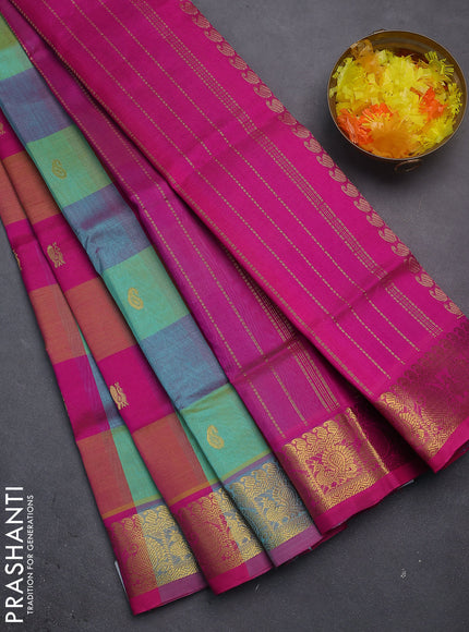 Silk cotton saree multi colour and pink with allover paalum pazhamun checks & temple zari buttas and paisley & annam zari woven border