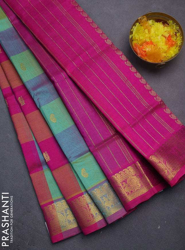 Silk cotton saree multi colour and pink with allover paalum pazhamun checks & temple zari buttas and paisley & annam zari woven border