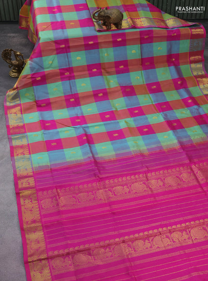 Silk cotton saree multi colour and pink with allover paalum pazhamun checks & temple zari buttas and paisley & annam zari woven border