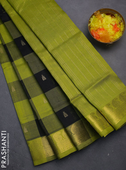 Silk cotton saree black and lime green with allover paalum pazhamun checks & temple zari buttas and paisley & annam zari woven border