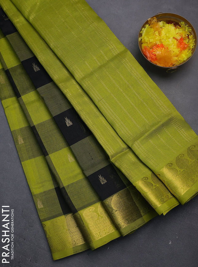 Silk cotton saree black and lime green with allover paalum pazhamun checks & temple zari buttas and paisley & annam zari woven border