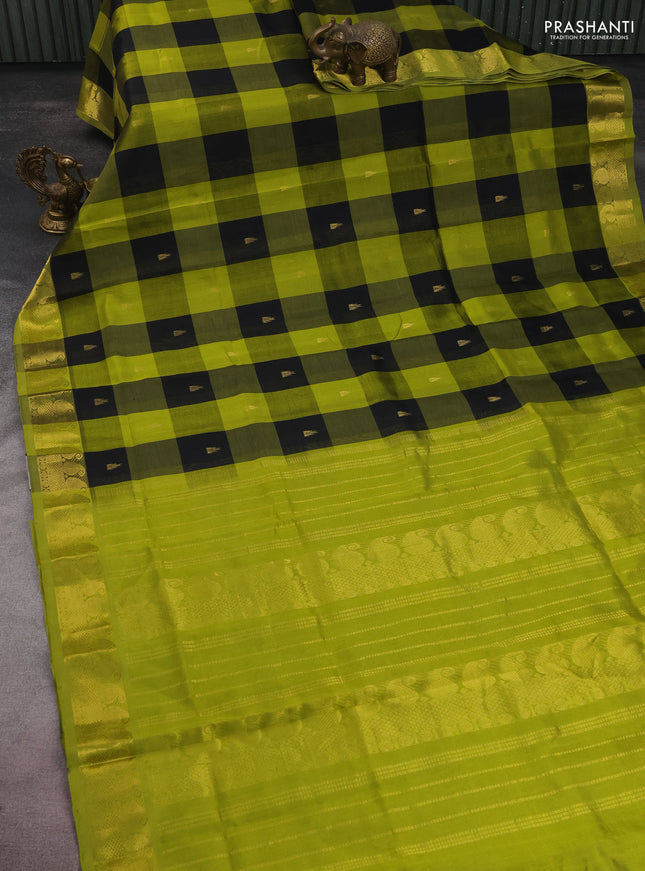 Silk cotton saree black and lime green with allover paalum pazhamun checks & temple zari buttas and paisley & annam zari woven border